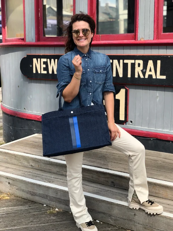 Stylish Statements East-West Bag: Denim with Navy/Royal Blue Color Stripe Stylish Totes, Special Discounts Stylish Statements East-West Bag: Denim with Navy/Royal Blue Color Stripe Stylish Totes, Special Discounts