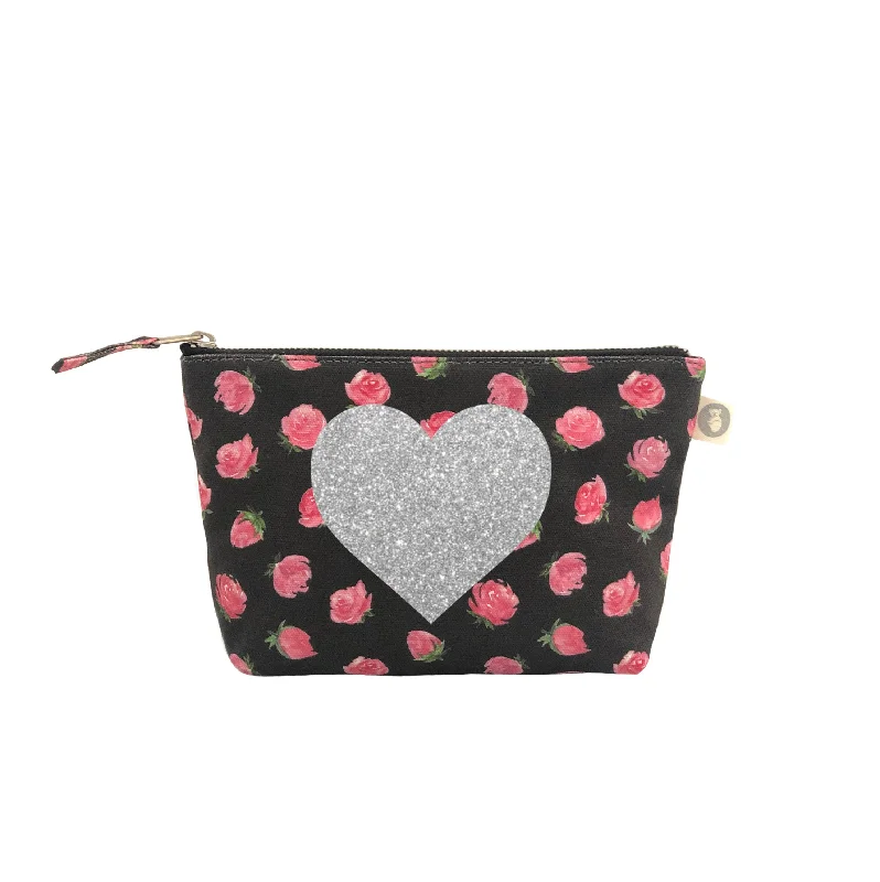 Comfort Meets Fashion Makeup Bag: Black Floral with Silver Glitter Heart Luxury Handbags At Budget-Friendly Rates Comfort Meets Fashion Makeup Bag: Black Floral with Silver Glitter Heart Luxury Handbags At Budget-Friendly Rates