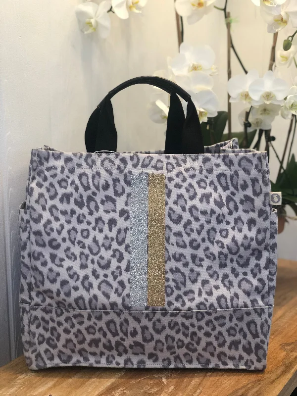 Luxury Bags With Premium Materials And Craftsmanship Luxe North South Bag: Grey Leopard with Silver and Gold Stripes Elegant Bags, Limited Stock Luxury Bags With Premium Materials And Craftsmanship Luxe North South Bag: Grey Leopard with Silver and Gold Stripes Elegant Bags, Limited Stock