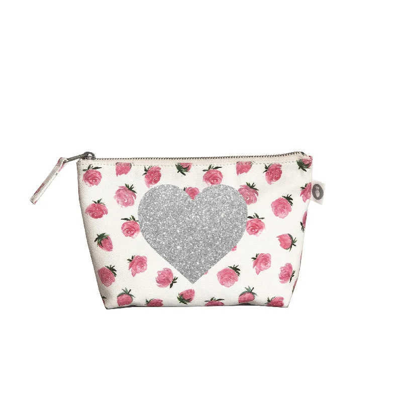 Durable Fashion Picks Makeup Bag: White Floral with Silver Glitter Heart Elegant Bags With Limited Stock Available Durable Fashion Picks Makeup Bag: White Floral with Silver Glitter Heart Elegant Bags With Limited Stock Available