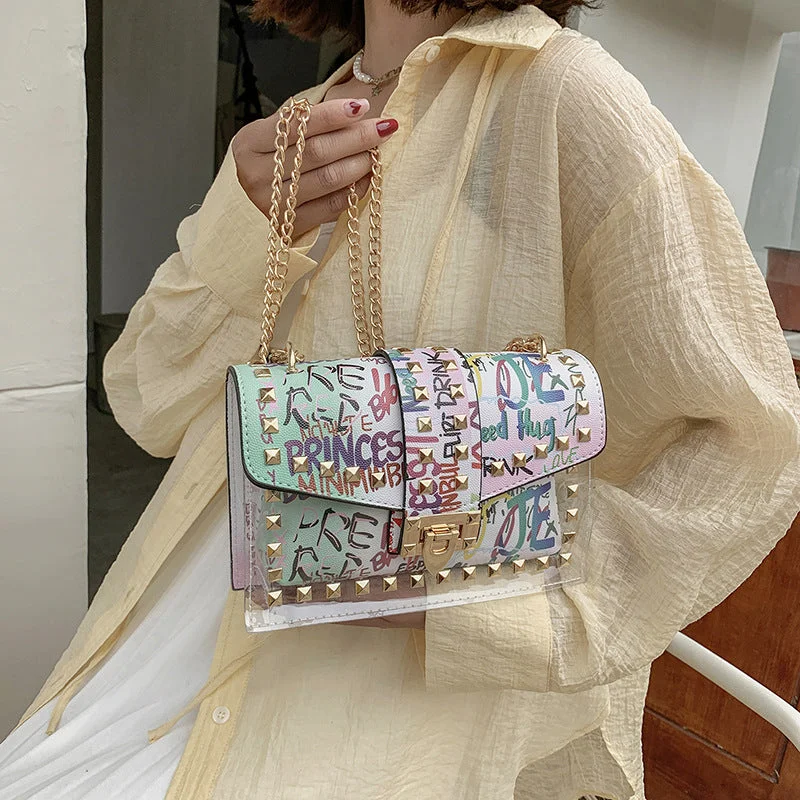 Eco-Friendly Bags With Discounts Wholesale PU Funny Graffiti Letters Snake Pattern Rivets Shoulder Chain Crossbody Contrast Color Bag JDC-SD-Lenao005 Everyday Elegance At Special Prices