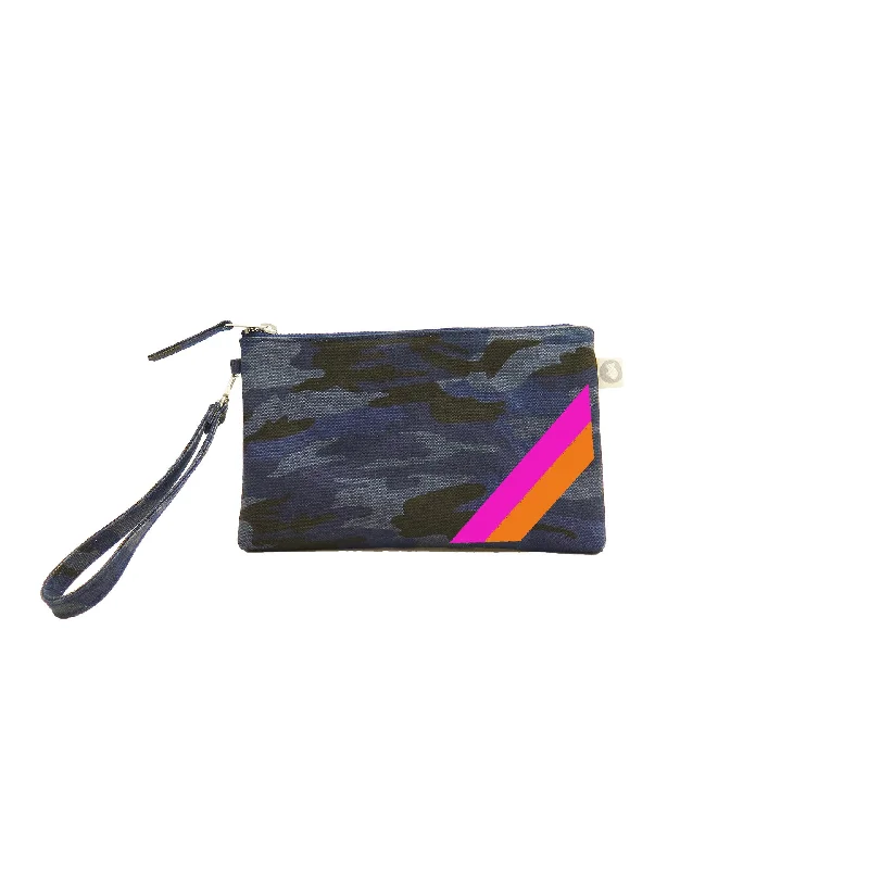 Everyday Bags For Work, School, Or Errands Mini Luxe Clutch in Dark Blue Camo with Orange/Pink Diagonal Stripe Best Bag Sale Of The Season Everyday Bags For Work, School, Or Errands Mini Luxe Clutch in Dark Blue Camo with Orange/Pink Diagonal Stripe Best Bag Sale Of The Season