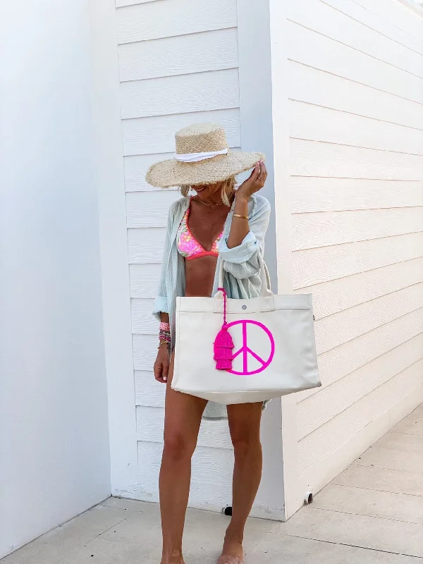 Avant-Garde Style Promotions East West Bag: Natural with JUMBO NEON PINK PEACE SIGN Premium Bags At Special Prices Avant-Garde Style Promotions East West Bag: Natural with JUMBO NEON PINK PEACE SIGN Premium Bags At Special Prices