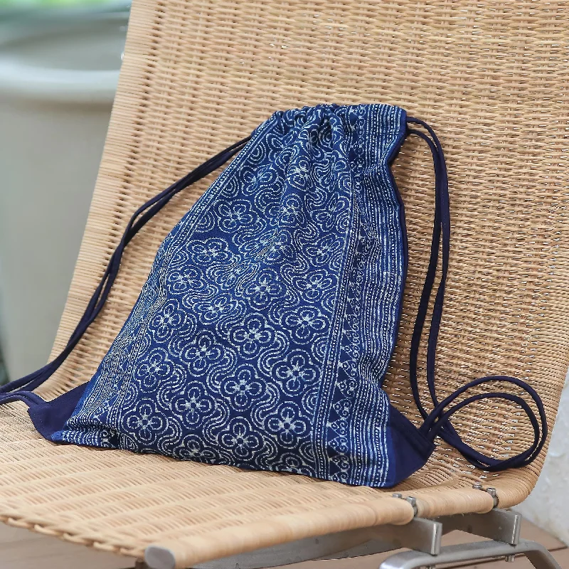 Garden Paths Indigo Batik Cotton Arc and Flower Motif Drawstring Backpack Classic And Modern Handbags Now More Affordable Garden Paths Indigo Batik Cotton Arc and Flower Motif Drawstring Backpack Classic And Modern Handbags Now More Affordable