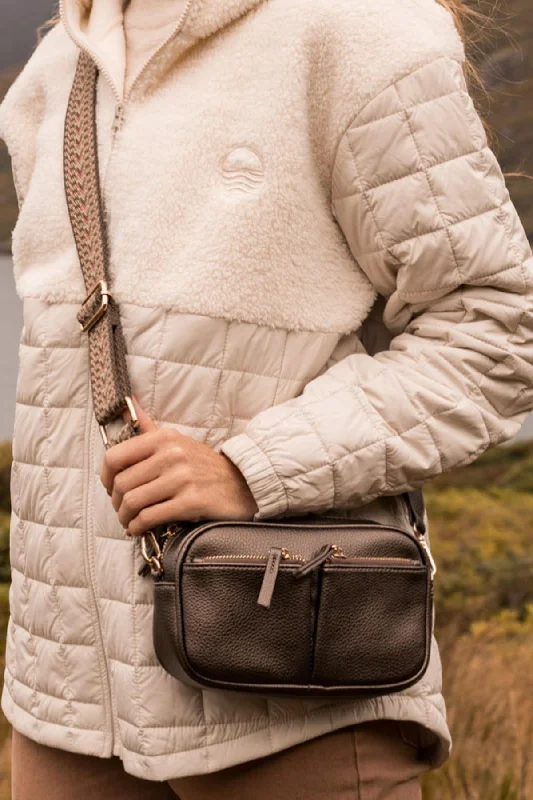 Bronze Double Pocket Crossbody Bag with Printed Strap Trendy Totes, Shop & Save