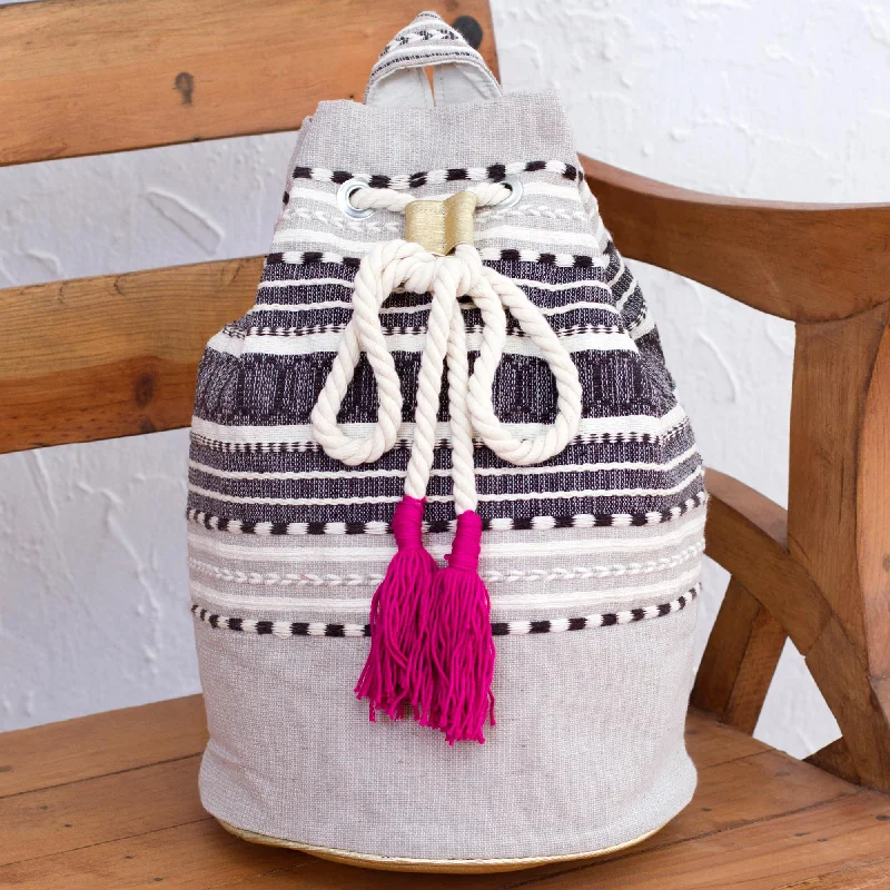 Day Trip Light Striped Drawstring Cotton Backpack Handcrafted in Mexico Elegant Totes At Limited-Time Prices