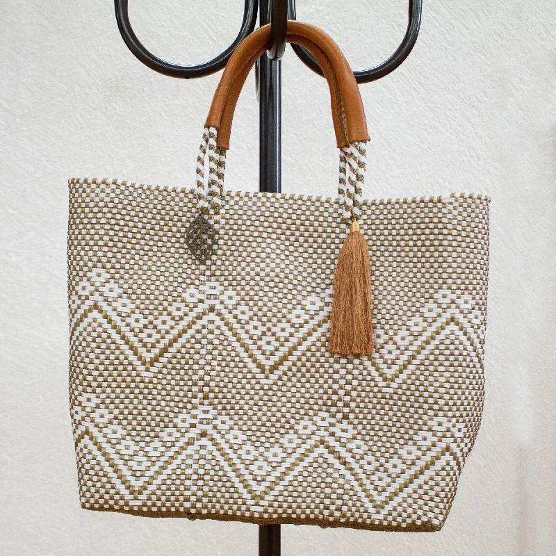 Golden Zigzags White and Gold-Tone Leather Accented Tote Stylish Totes With Special Discounts