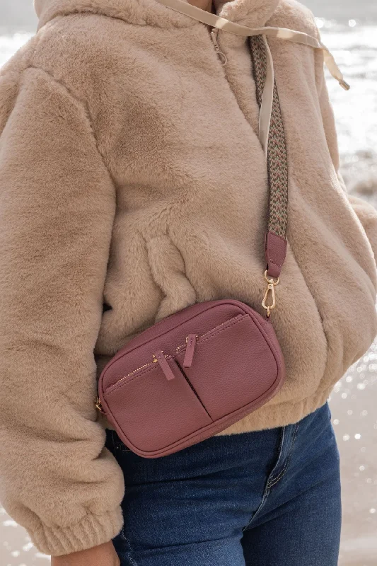 Pink Double Pocket Crossbody Bag with Printed Strap Classic Bags, Exclusive Deals