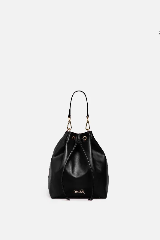 SSW - Madison Drawstring Leather Bucket Bag in Black Seasonal Sale On Trendy Handbags SSW - Madison Drawstring Leather Bucket Bag in Black Seasonal Sale On Trendy Handbags