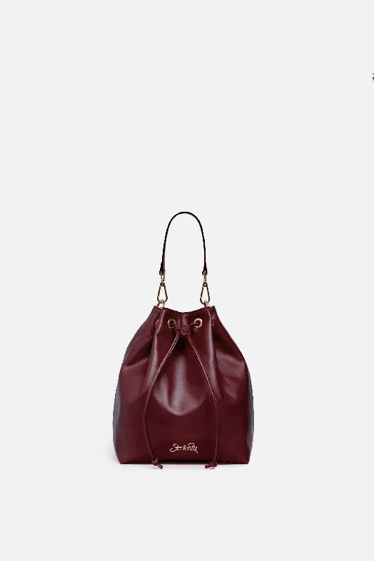SSW - Madison Drawstring Leather Bucket Bag in Maroon Burgundy Handbag Deals For Every Occasion